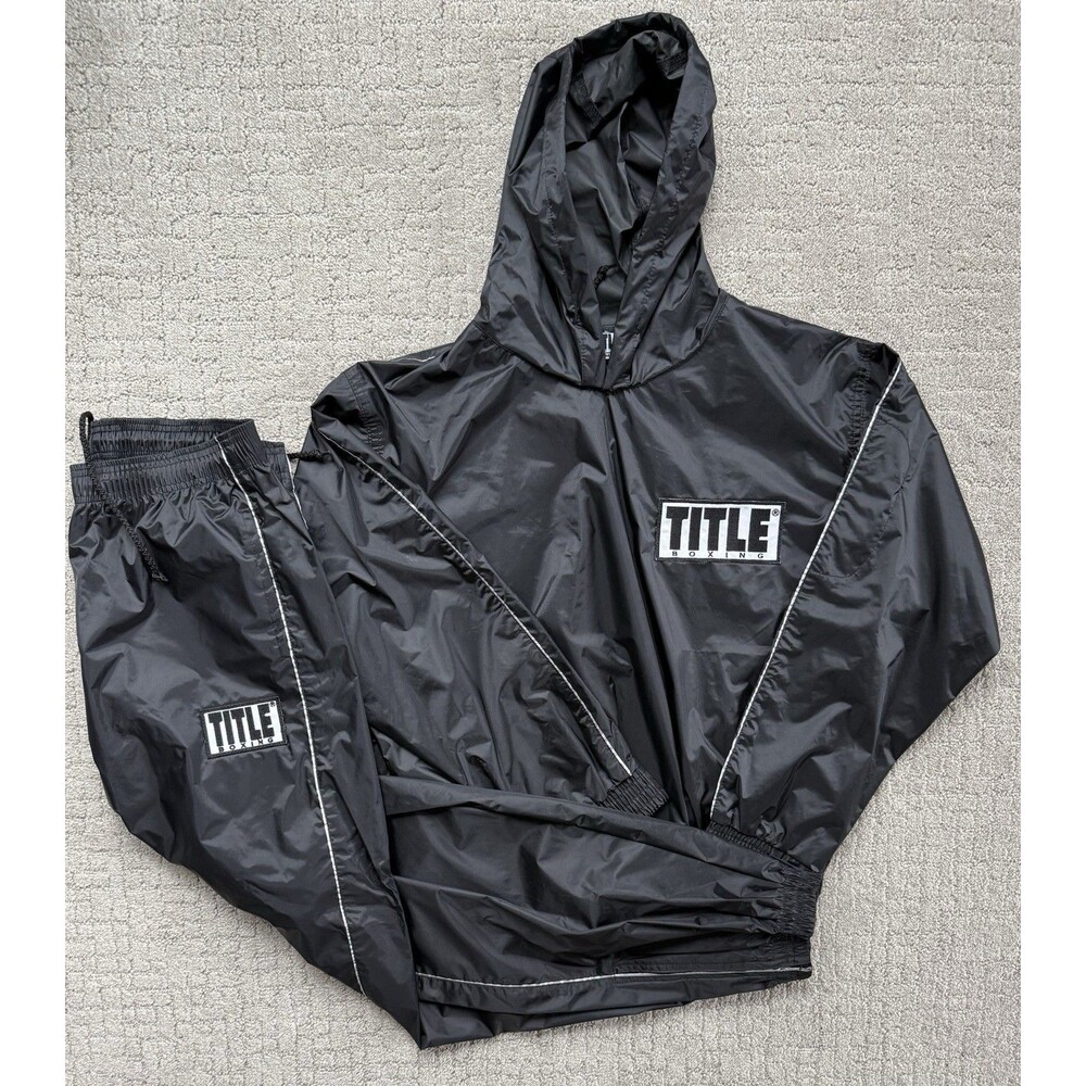 TITLE Boxing Sauna Suit Mens M Black Rubberized Nylon Hooded Sweat Suit Set